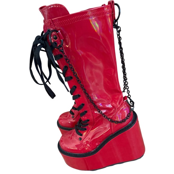 Demonia red faux leather lace-up platform boots with chain detailing and 7" heel - Picture 6 of 8